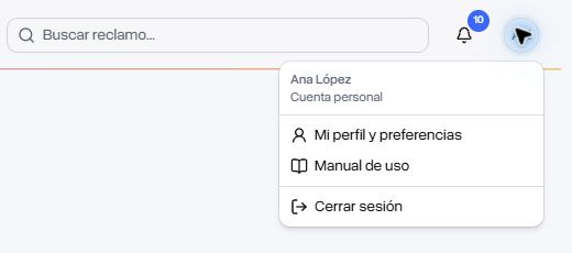Menú personal con acceso al perfil, al manual y al cierre de sesión.