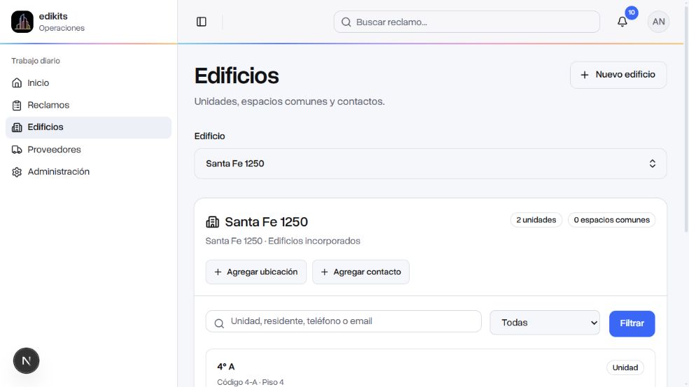 Edificios con búsqueda, altas contextuales y acceso a nuevo reclamo desde la unidad.