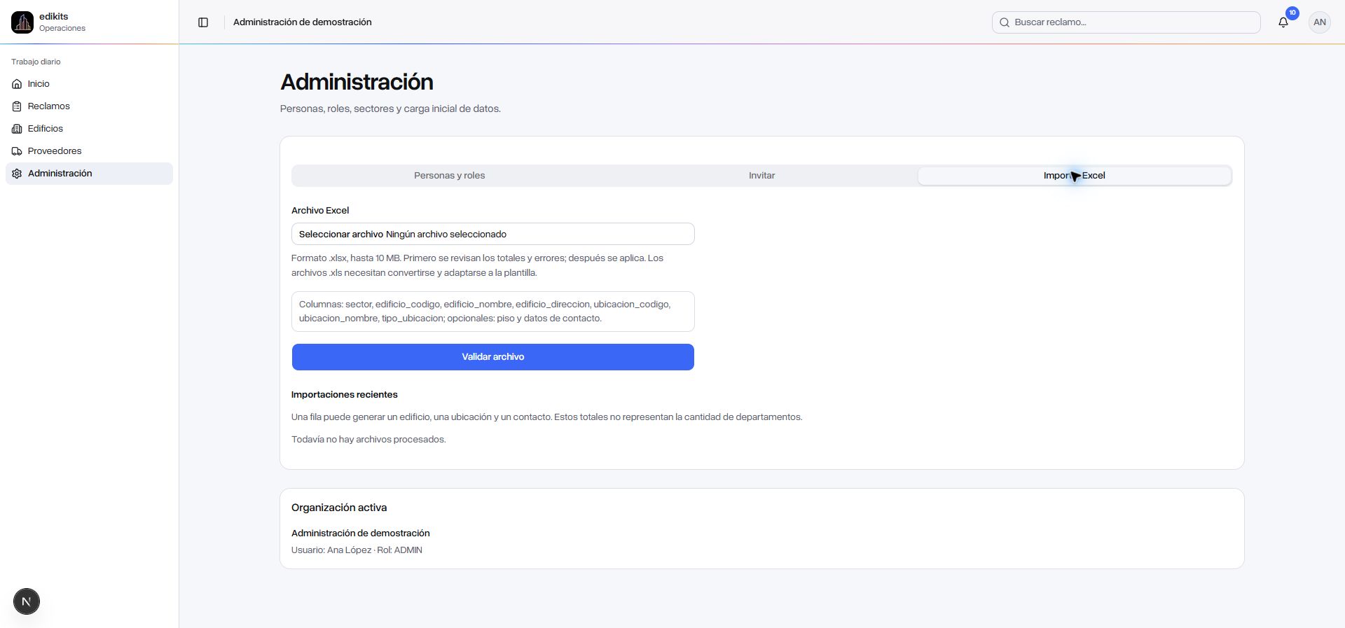 Administración, pestaña Importar Excel, con selector de archivo y requisitos de columnas.